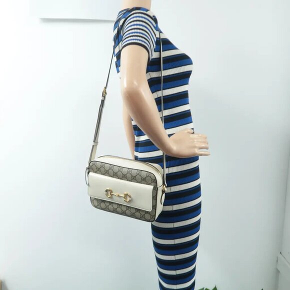 100% Authentic GUCCI Horsebit 1955 Brown&White Canvas Shoulder Bag 945-12524 - Picture 12 of 12